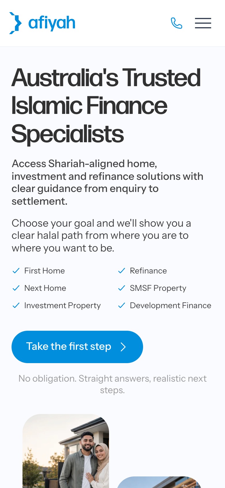The same page on a phone: the heading, a two-column list of finance scenarios and a Take the first step button