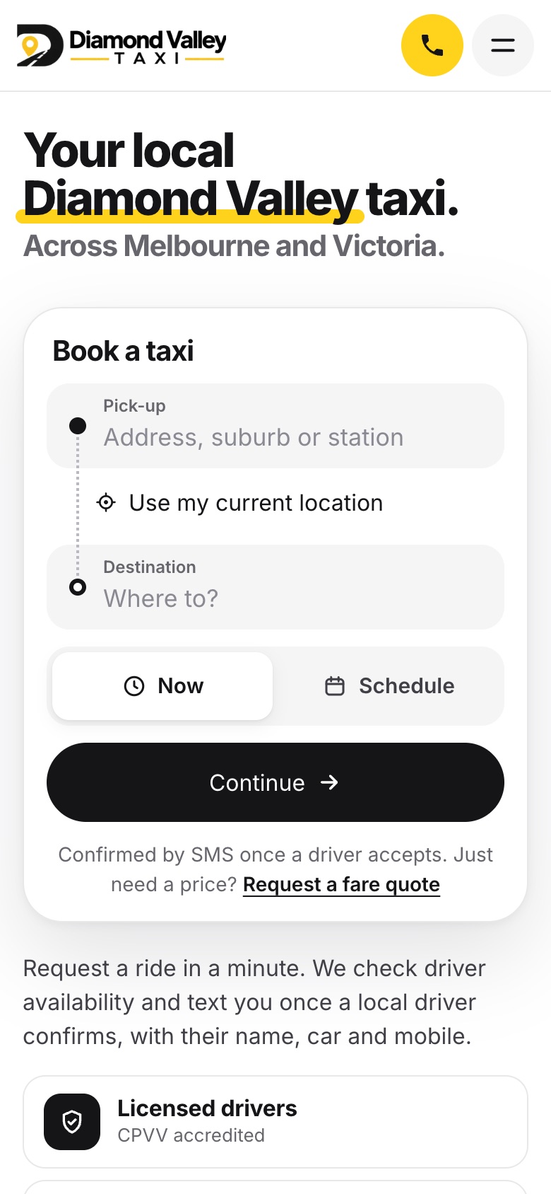 The same page on a phone: the Book a taxi form with pick-up, destination, Now and Schedule options and a Continue button, above a note that bookings are confirmed by SMS
