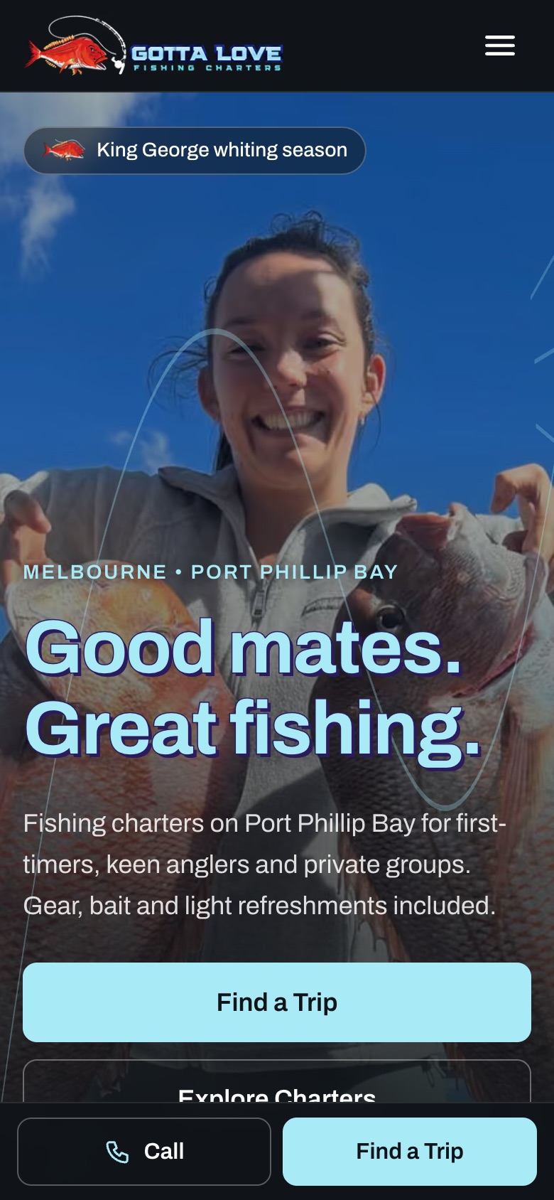 The same page on a phone: the Good mates. Great fishing. heading over a photo of a guest holding a snapper, with Find a Trip and Call buttons